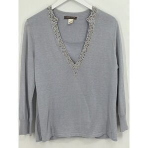 Vintage‎ Sigrid Olsen Silk Blend Beaded V-Neck Sweater Light Dusty Blue Size L